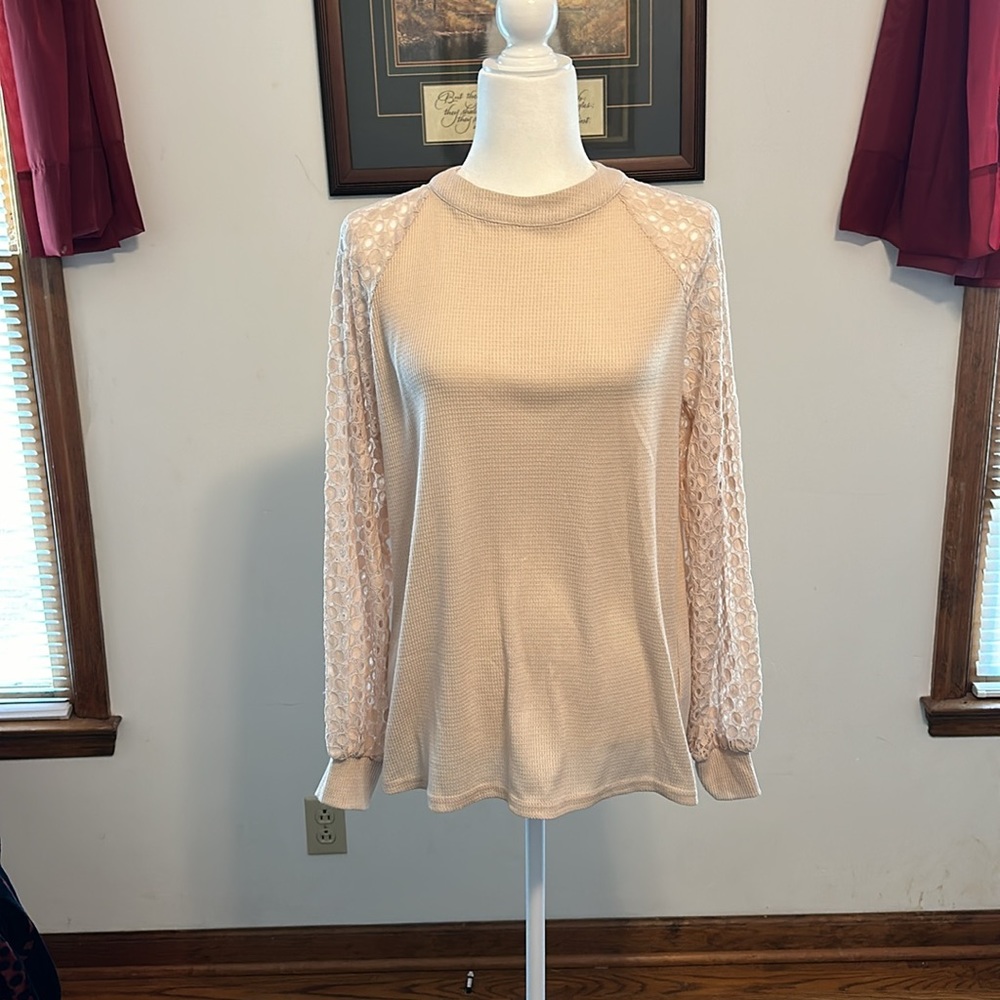 Miholl, Women’s Cream blouse with lacy sleeves. Medium size.